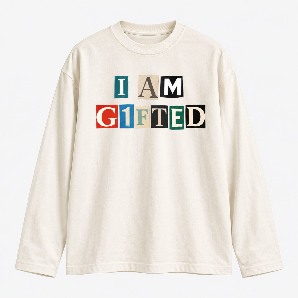I AM G1FTED heavyweight off-white long sleeve tee front mockup with multicolor I AM G1FTED graphic